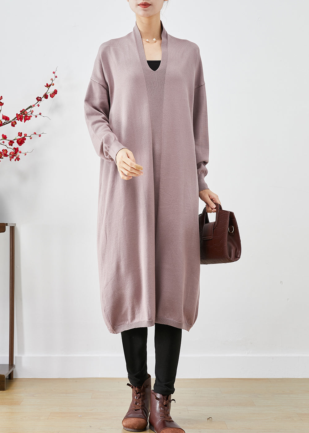 Diy Light Purple V Neck Knit Long Dresses Fall