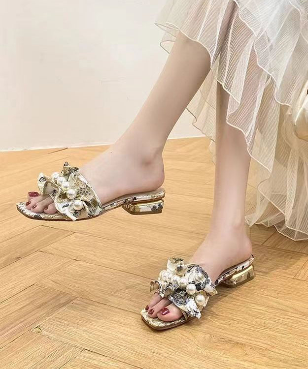 Diy Light Yellow Pearl Faux Leather Peep Toe Thong Sandals