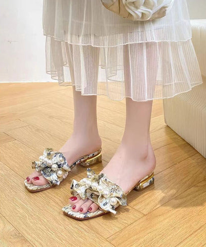 Diy Light Yellow Pearl Faux Leather Peep Toe Thong Sandals