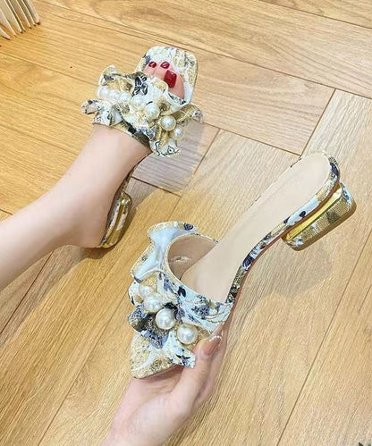 Diy Light Yellow Pearl Faux Leather Peep Toe Thong Sandals