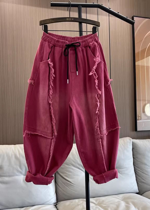Diy Loose Rose Tasseled Pockets Patchwork Denim Pants Fall
