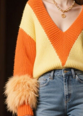 Diy Mixed Color V Neck Patchwork Faux Fur Knit Pullover Winter