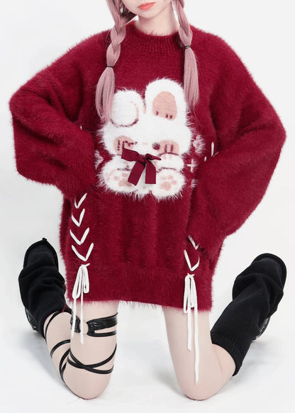 Diy Mulberry Oversized Rabbit Faux Mink Hair Knit Sweater Winter