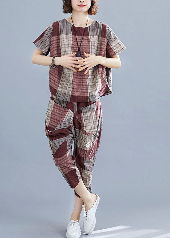 Diy Mulberry Plaid O-neck Cotton Tops and Pants Two Pieces Summer