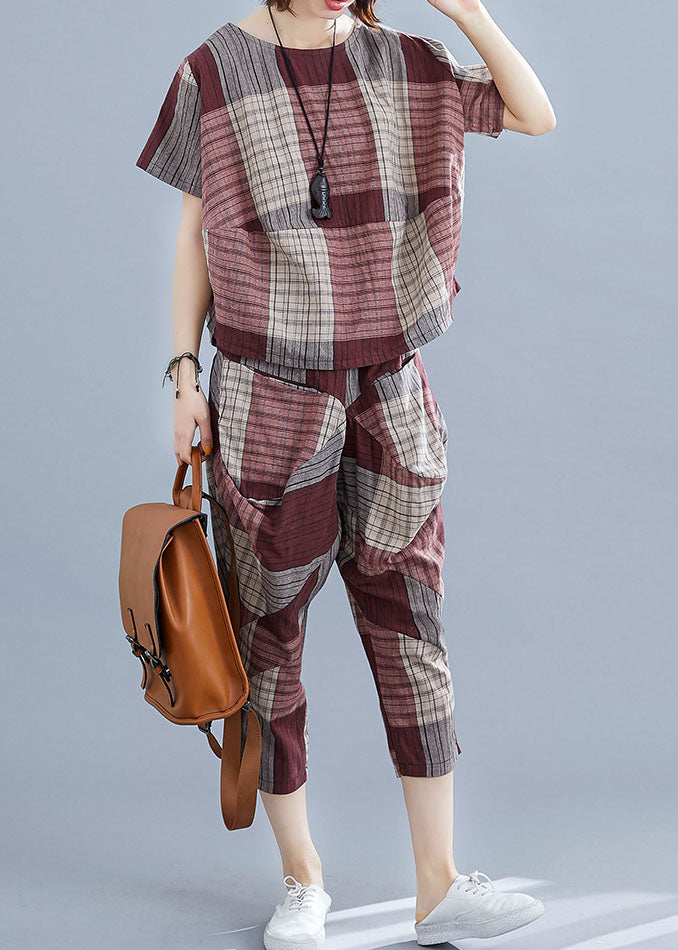Diy Mulberry Plaid O-neck Cotton Tops and Pants Two Pieces Summer