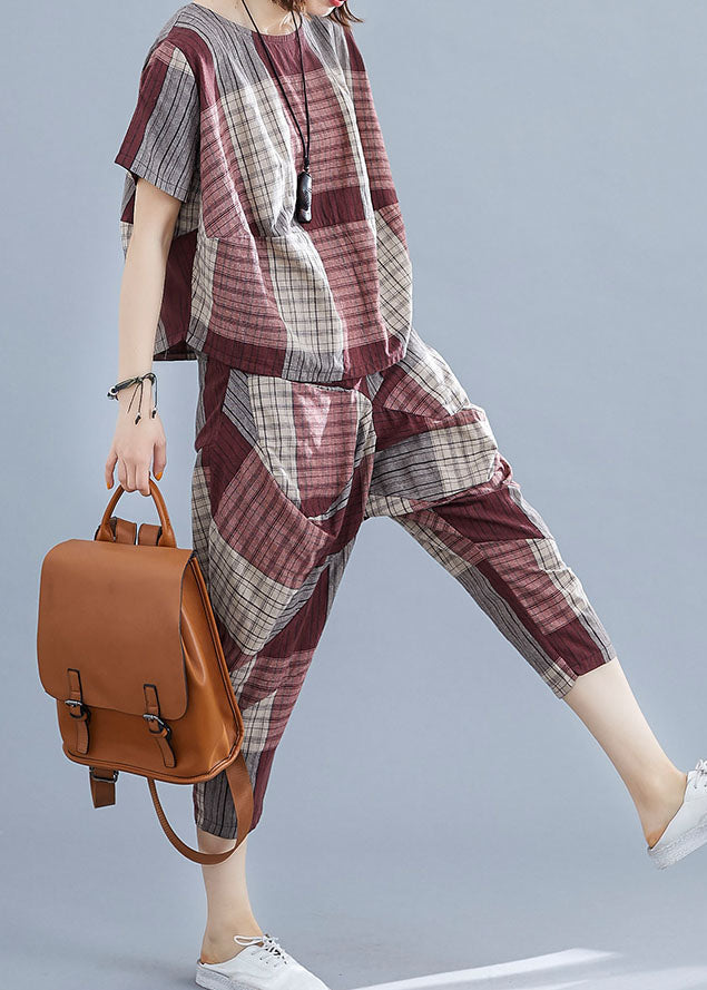 Diy Mulberry Plaid O-neck Cotton Tops and Pants Two Pieces Summer