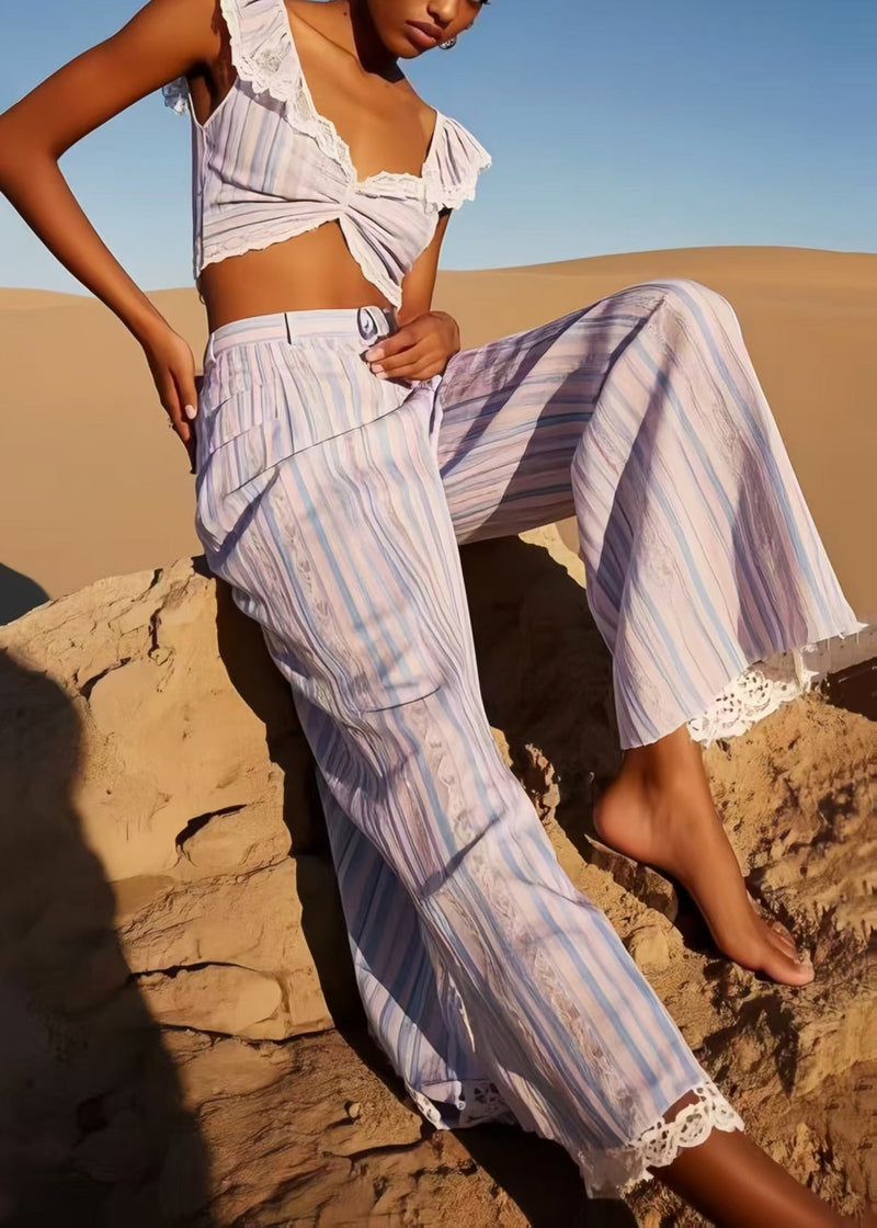 Diy Multicolour Striped Patchwork Lace Pants Summer