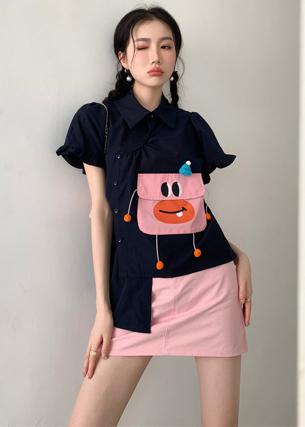 Diy Navy Asymmetrical Design Cartoon Pocket Cotton Shirt Puff Sleeve