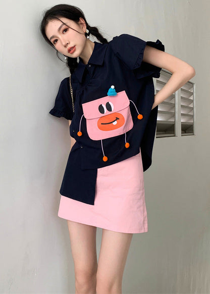 Diy Navy Asymmetrical Design Cartoon Pocket Cotton Shirt Puff Sleeve