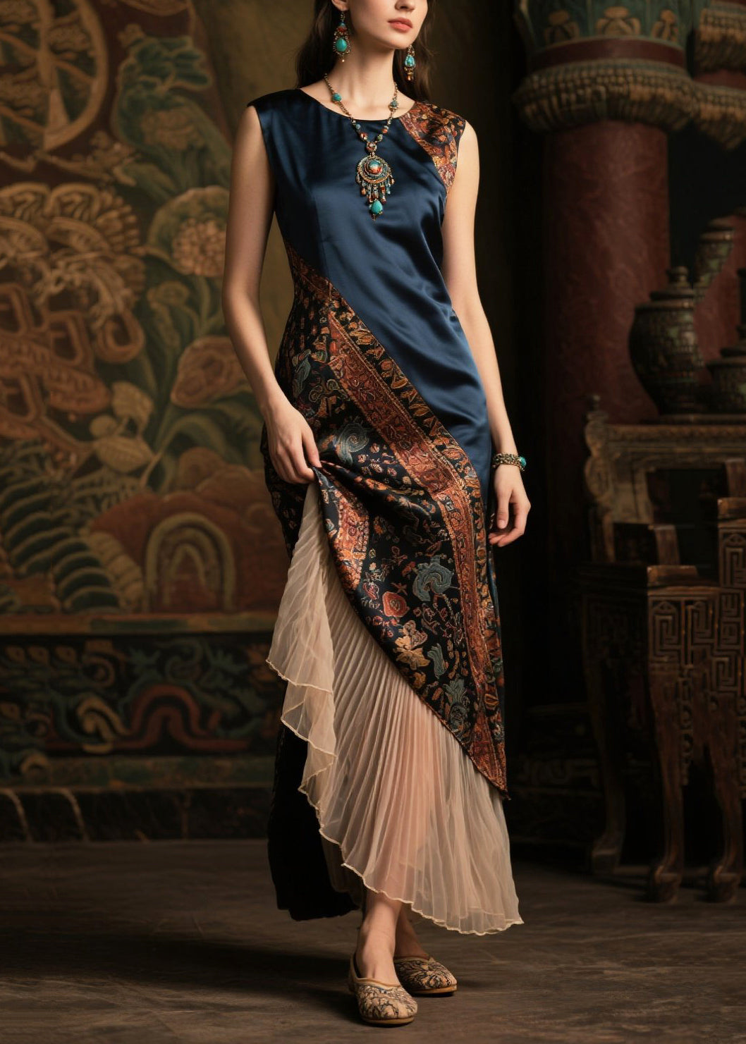 Diy Navy Asymmetrical Patchwork Silk Fake Two Piece Dresses Sleeveless