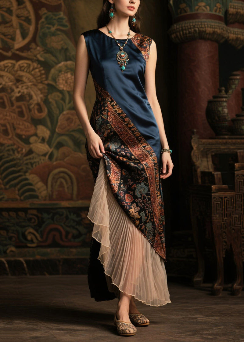 Diy Navy Asymmetrical Patchwork Silk Fake Two Piece Dresses Sleeveless