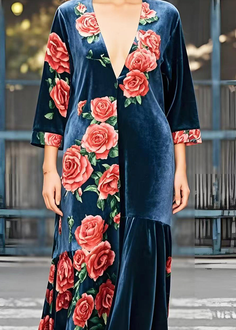 Diy Navy Deep-v Neck Silk Velvet Maxi Dress Bracelet Sleeve