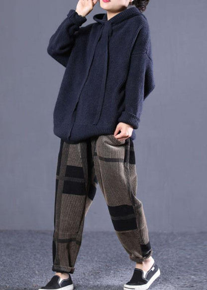 Diy Navy Hooded Loose Fall Knitted Top