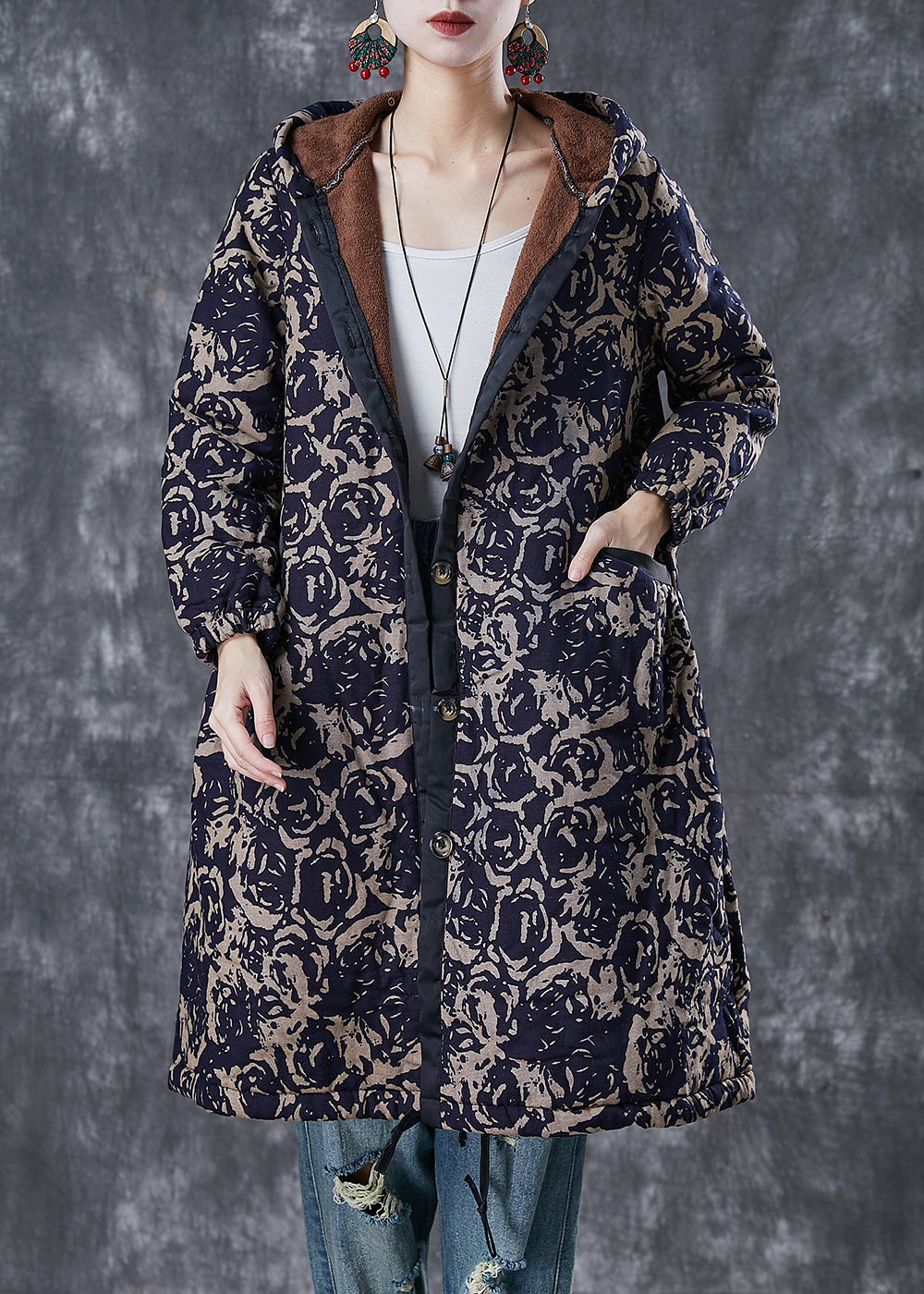 Diy Navy Hooded Print Warm Fleece Coats Winter