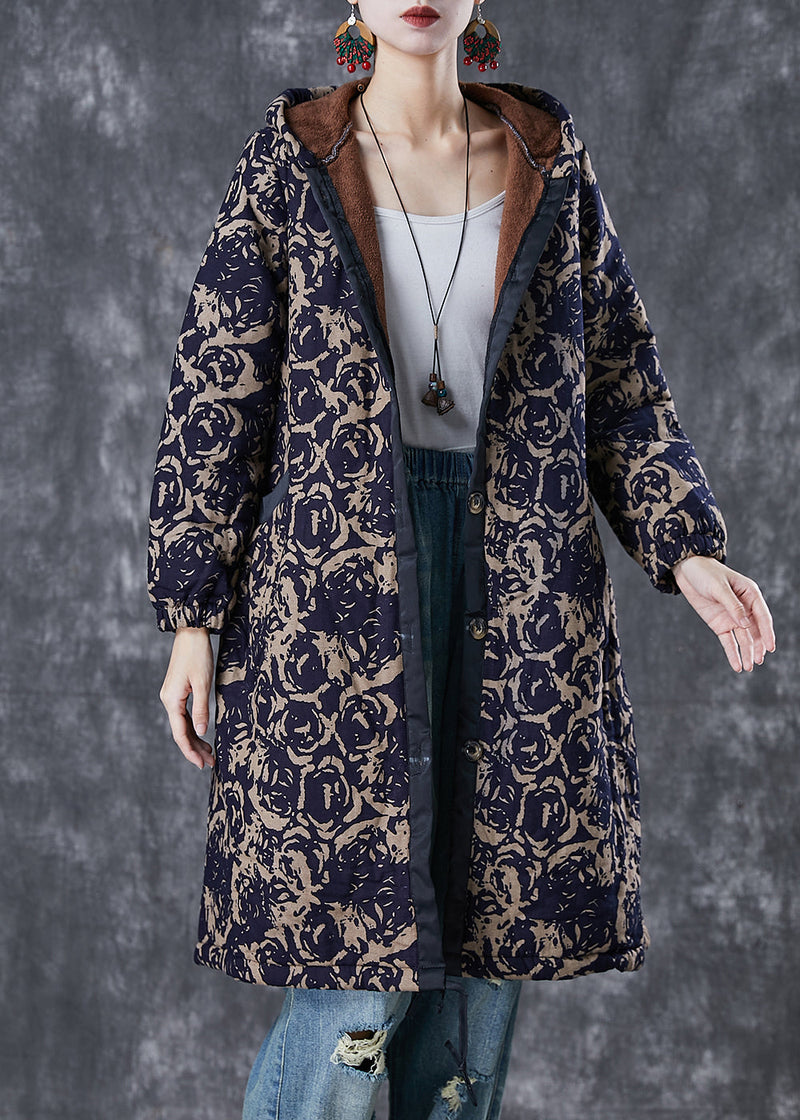 Diy Navy Hooded Print Warm Fleece Coats Winter