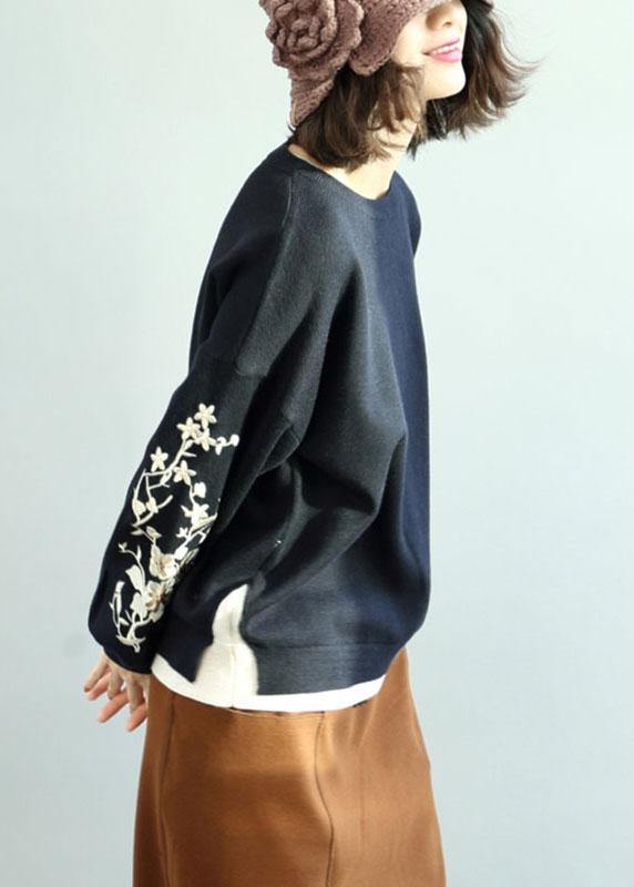 Diy Navy O-neck Sequins Embroideried Fall Knit Sweaters