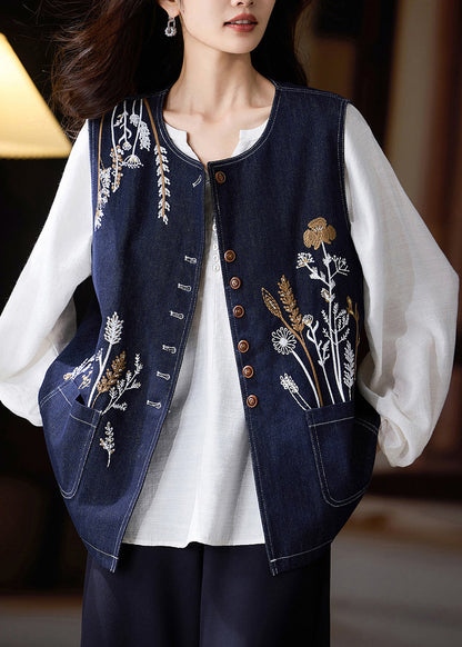 Diy Navy Oversized Embroideried Denim Vests Spring