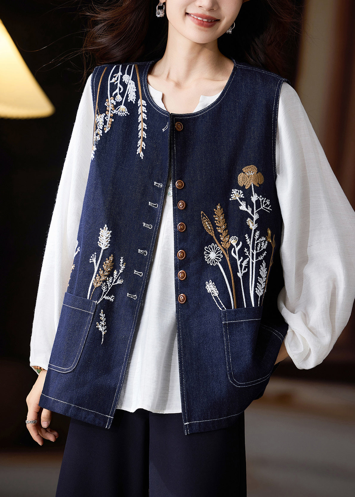 Diy Navy Oversized Embroideried Denim Vests Spring
