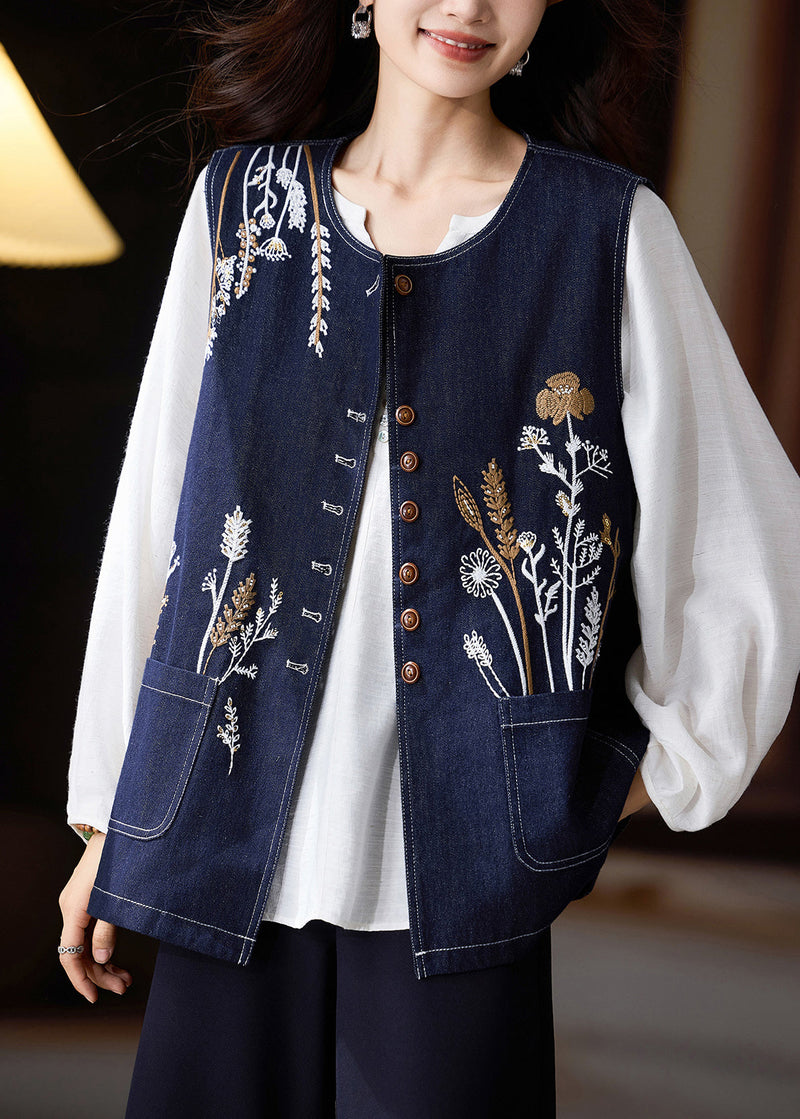 Diy Navy Oversized Embroideried Denim Vests Spring