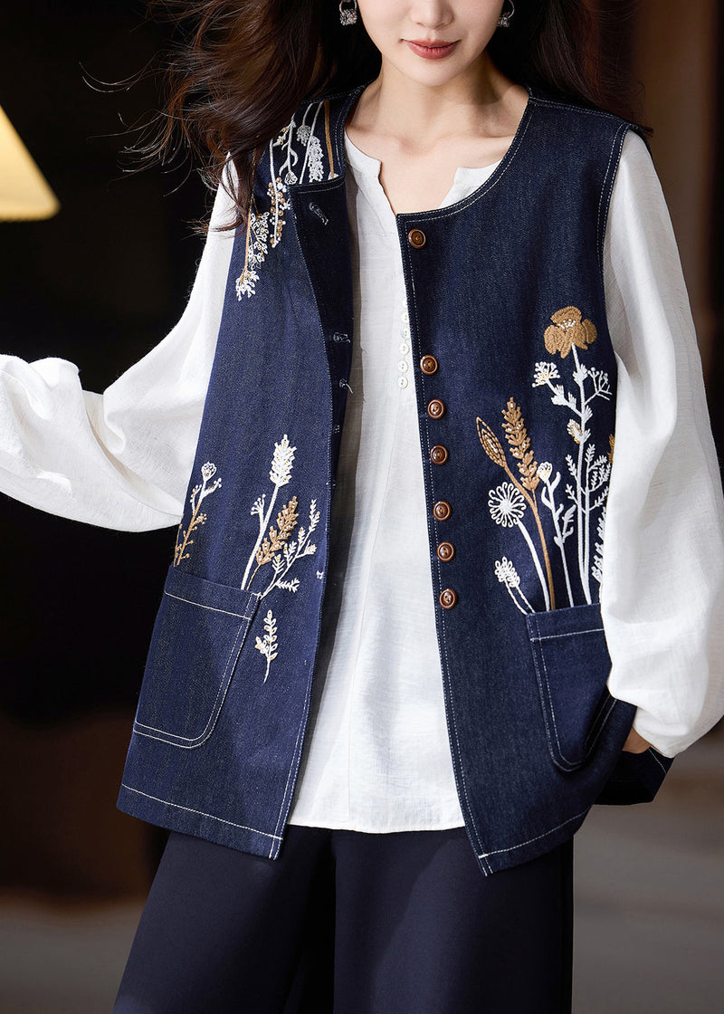 Diy Navy Oversized Embroideried Denim Vests Spring