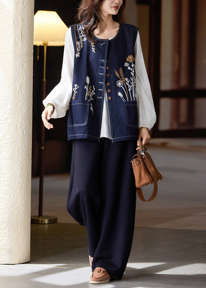 Diy Navy Oversized Embroideried Denim Vests Spring