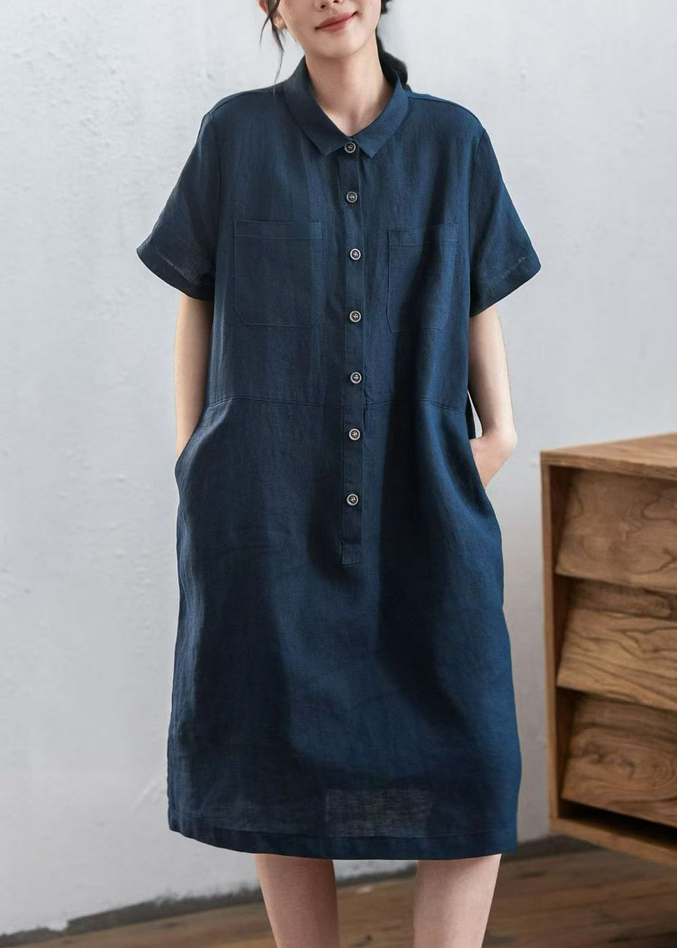Diy Navy Oversized Pockets Linen Maxi Dresses Summer