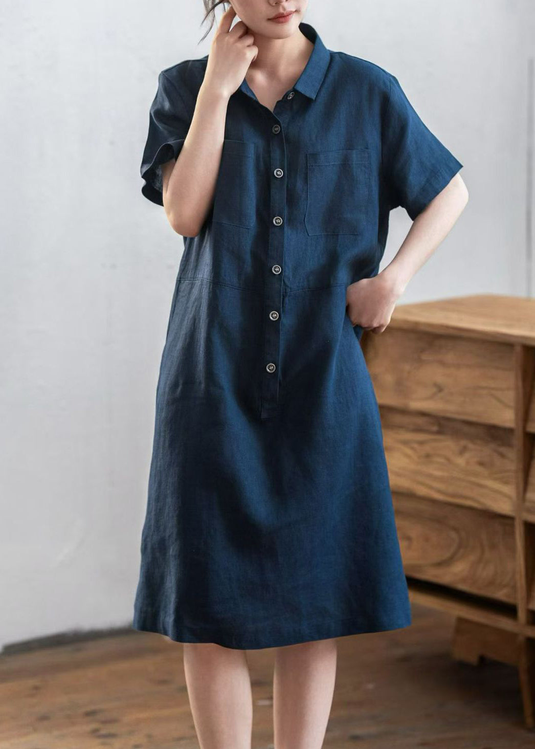 Diy Navy Oversized Pockets Linen Maxi Dresses Summer