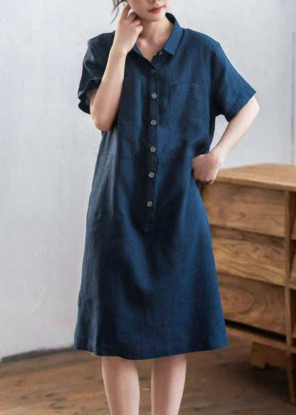 Diy Navy Oversized Pockets Linen Maxi Dresses Summer