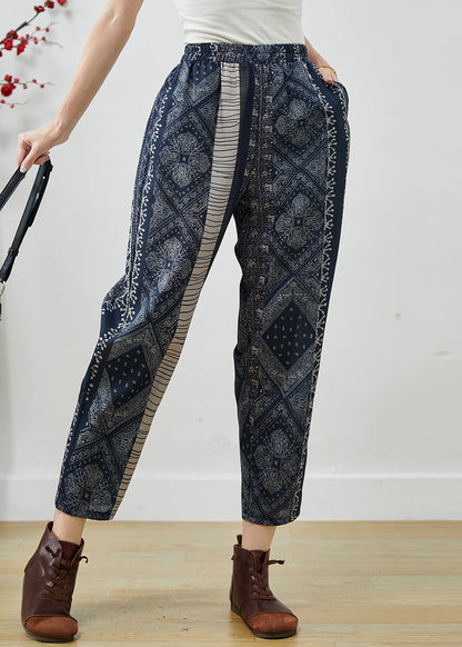Diy Navy Oversized Print Fine Cotton Filled Harem Pants Spring