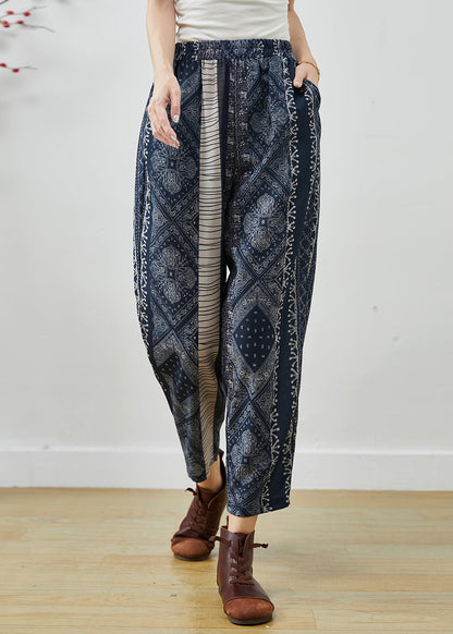 Diy Navy Oversized Print Fine Cotton Filled Harem Pants Spring