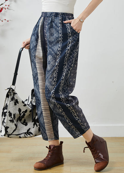 Diy Navy Oversized Print Fine Cotton Filled Harem Pants Spring