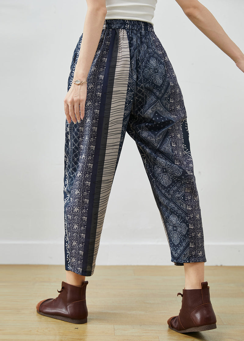 Diy Navy Oversized Print Fine Cotton Filled Harem Pants Spring