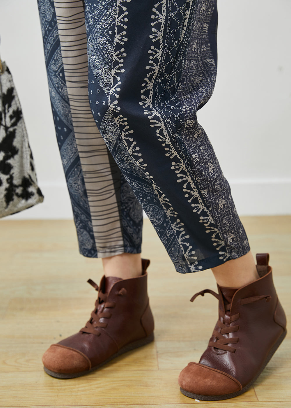 Diy Navy Oversized Print Fine Cotton Filled Harem Pants Spring