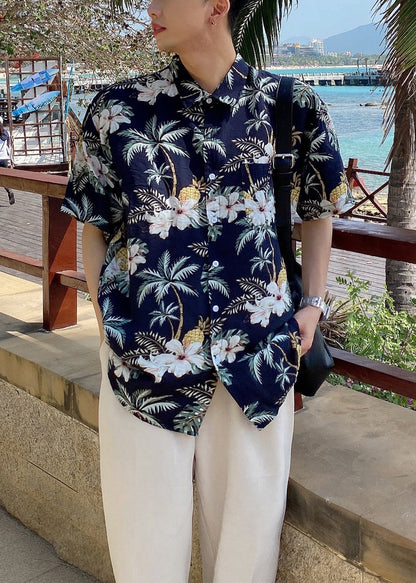 Diy Navy Peter Pan Collar Print Hawaiian Shirts Summer