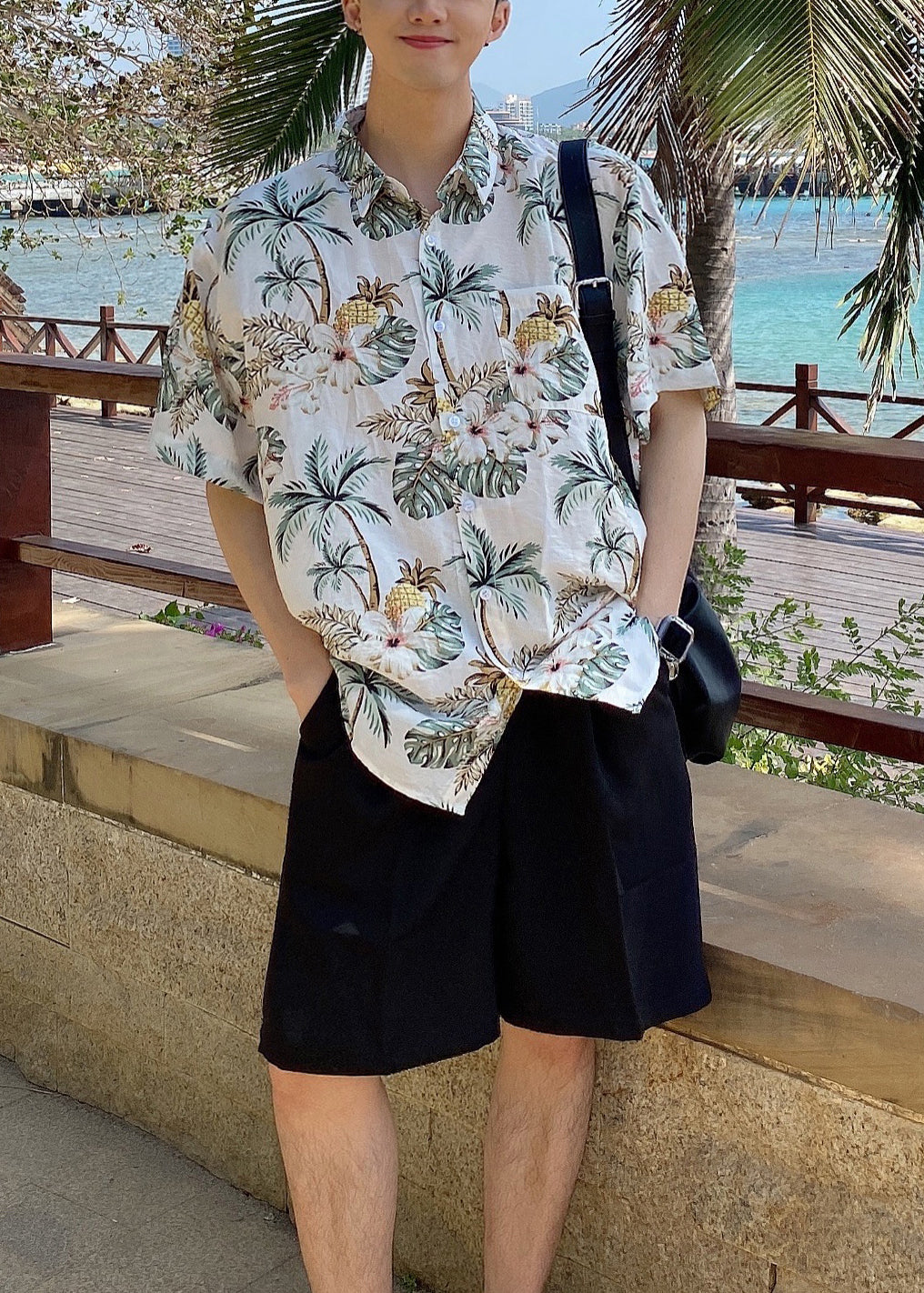 Diy Navy Peter Pan Collar Print Hawaiian Shirts Summer