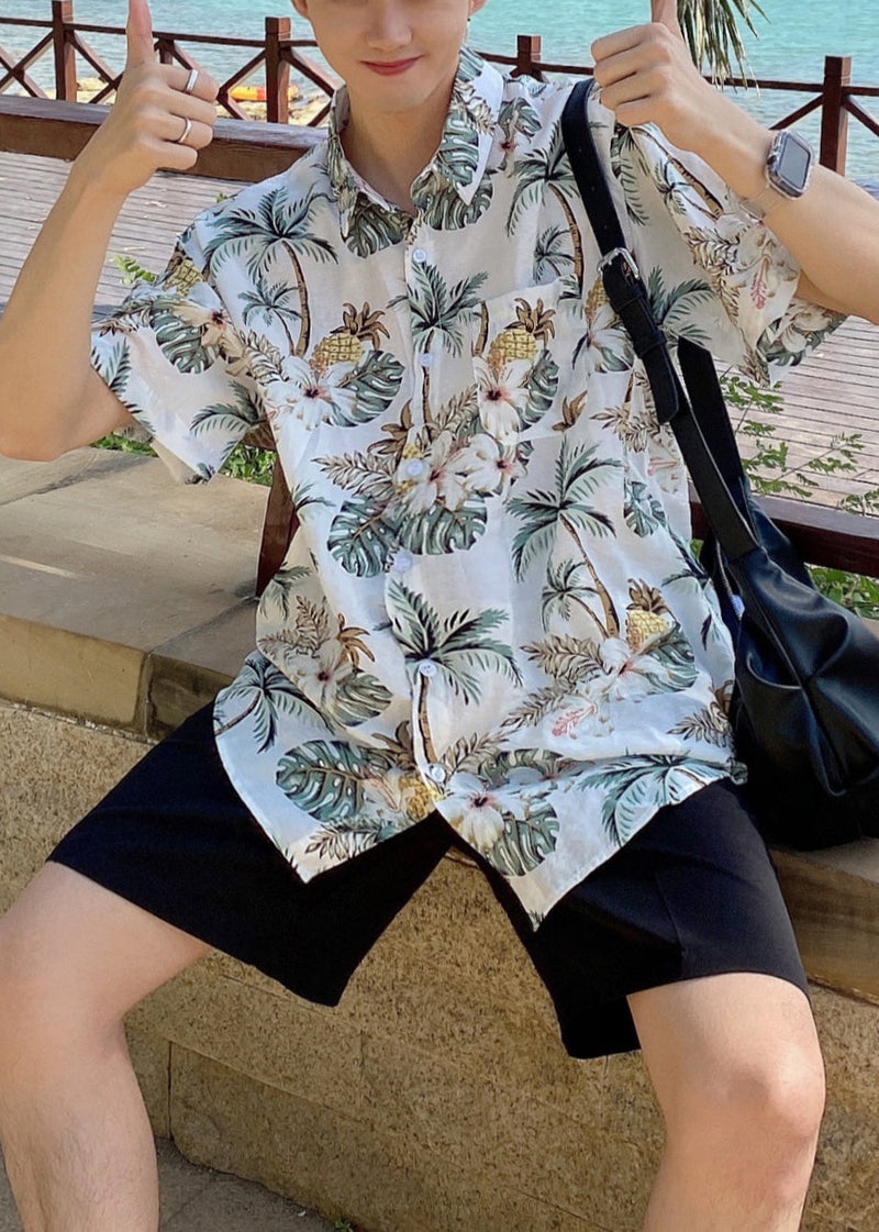 Diy Navy Peter Pan Collar Print Hawaiian Shirts Summer