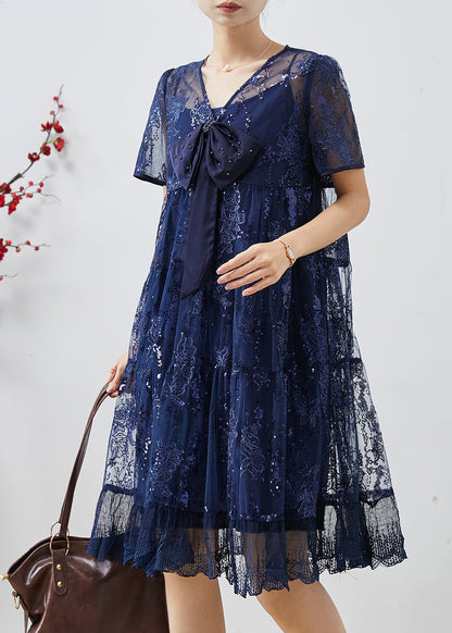 Diy Navy Sequins Embroidered Tulle Bow Dresses Summer