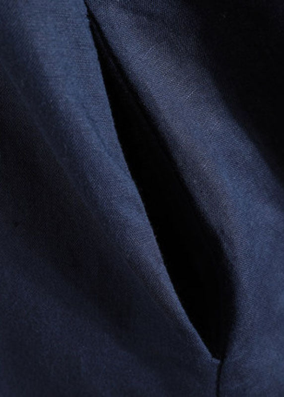 Diy Navy Stand Collar Asymmetrical Design Button Cotton Long Shirt Short Sleeve