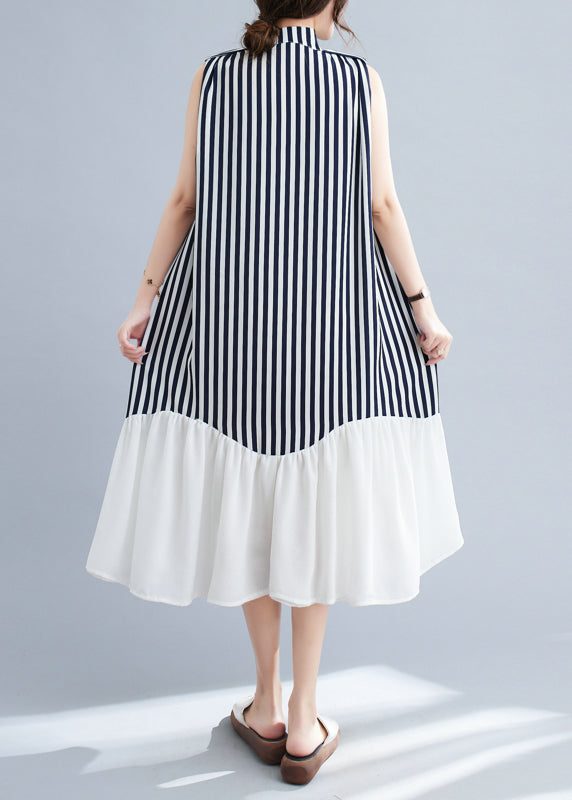 Diy Navy Stand Collar Patchwork Striped Dresses Sleeveless