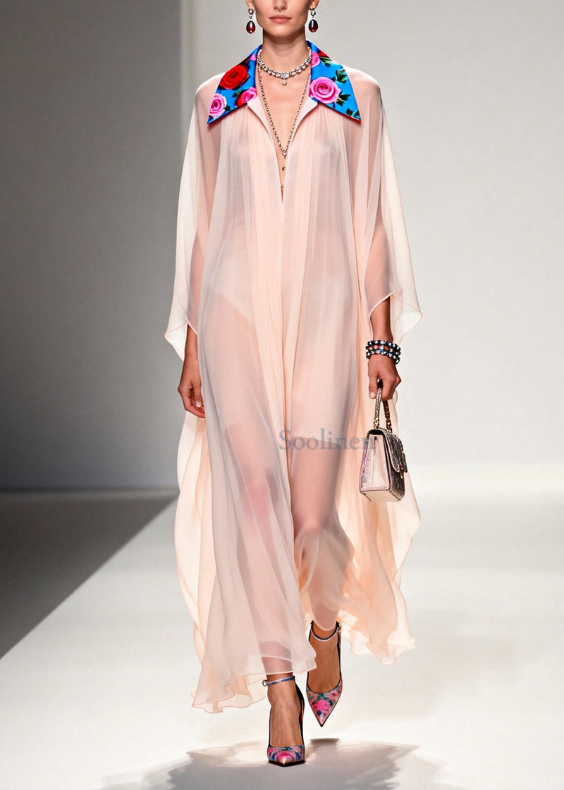 Diy Nude Peter Pan Collar Patchwork Chiffon Maxi Dress Summer