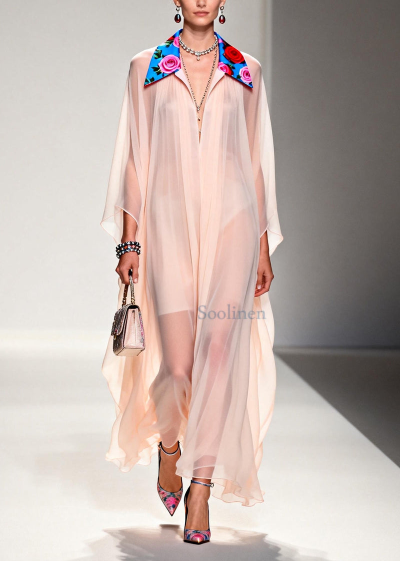 Diy Nude Peter Pan Collar Patchwork Chiffon Maxi Dress Summer