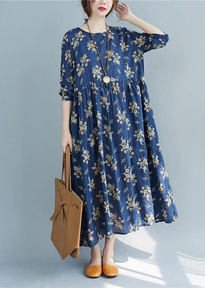 Diy O Neck Cinched Spring Quilting Clothes Work Outfits Blue Print Traveling Dress