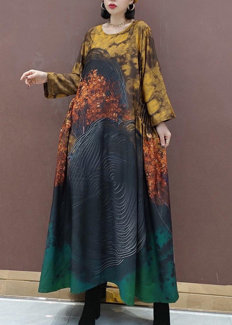 Diy O Neck Large Hem Spring Clothes Tunic Tops Yellow Print Vestidos De Lino Dresses
