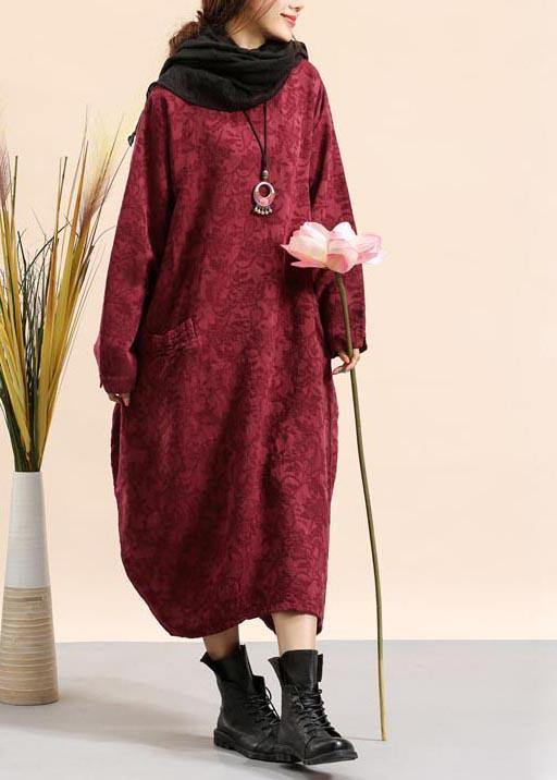 Diy O Neck Pocket Spring Quilting Dresses Fabrics Burgundy Jacquard Robe Dress