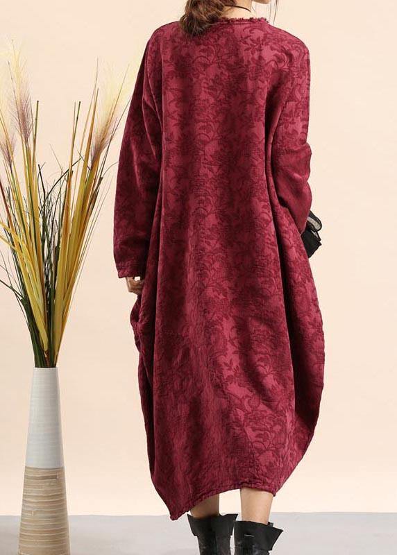 Diy O Neck Pocket Spring Quilting Dresses Fabrics Burgundy Jacquard Robe Dress