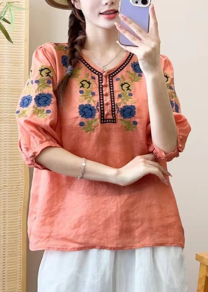 Diy Orange O Neck Embroideried Patchwork Linen Shirts Bracelet Sleeve