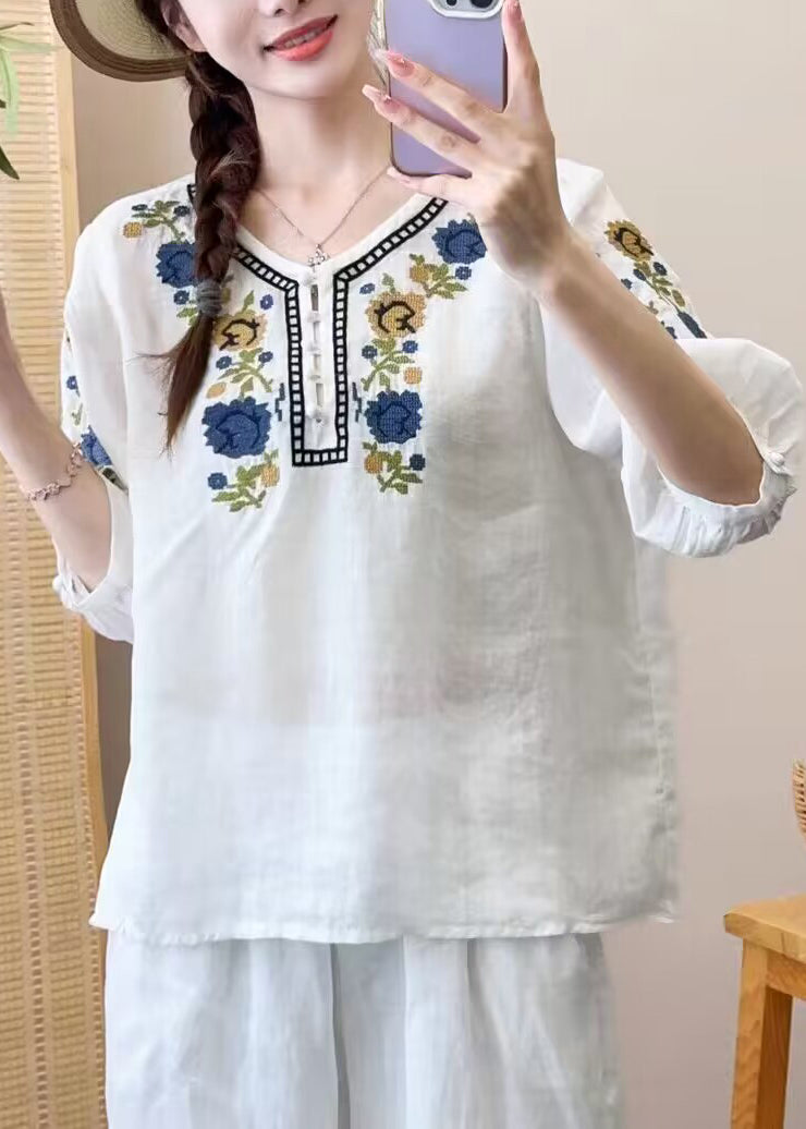 Diy Orange O Neck Embroideried Patchwork Linen Shirts Bracelet Sleeve