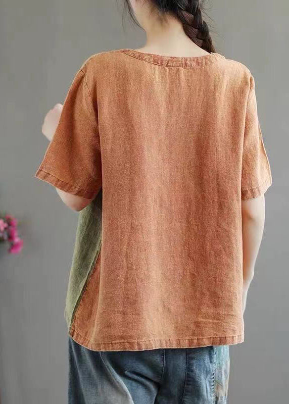 Diy Orange O-neck Patchwork Original Design Linen Tank Top Short Sleeve