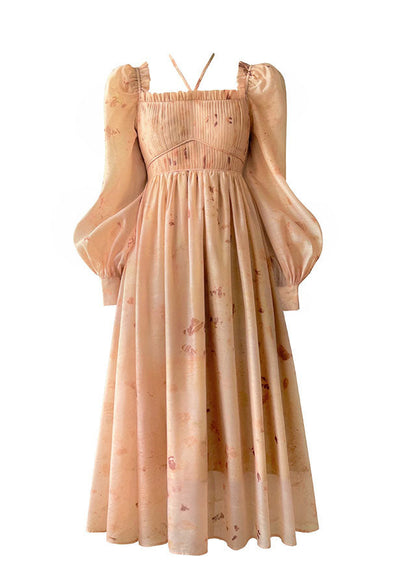 Diy Orange Slash Neck Wrinkled Exra Large Hem Print Silk Cinch Dresses Long Sleeve