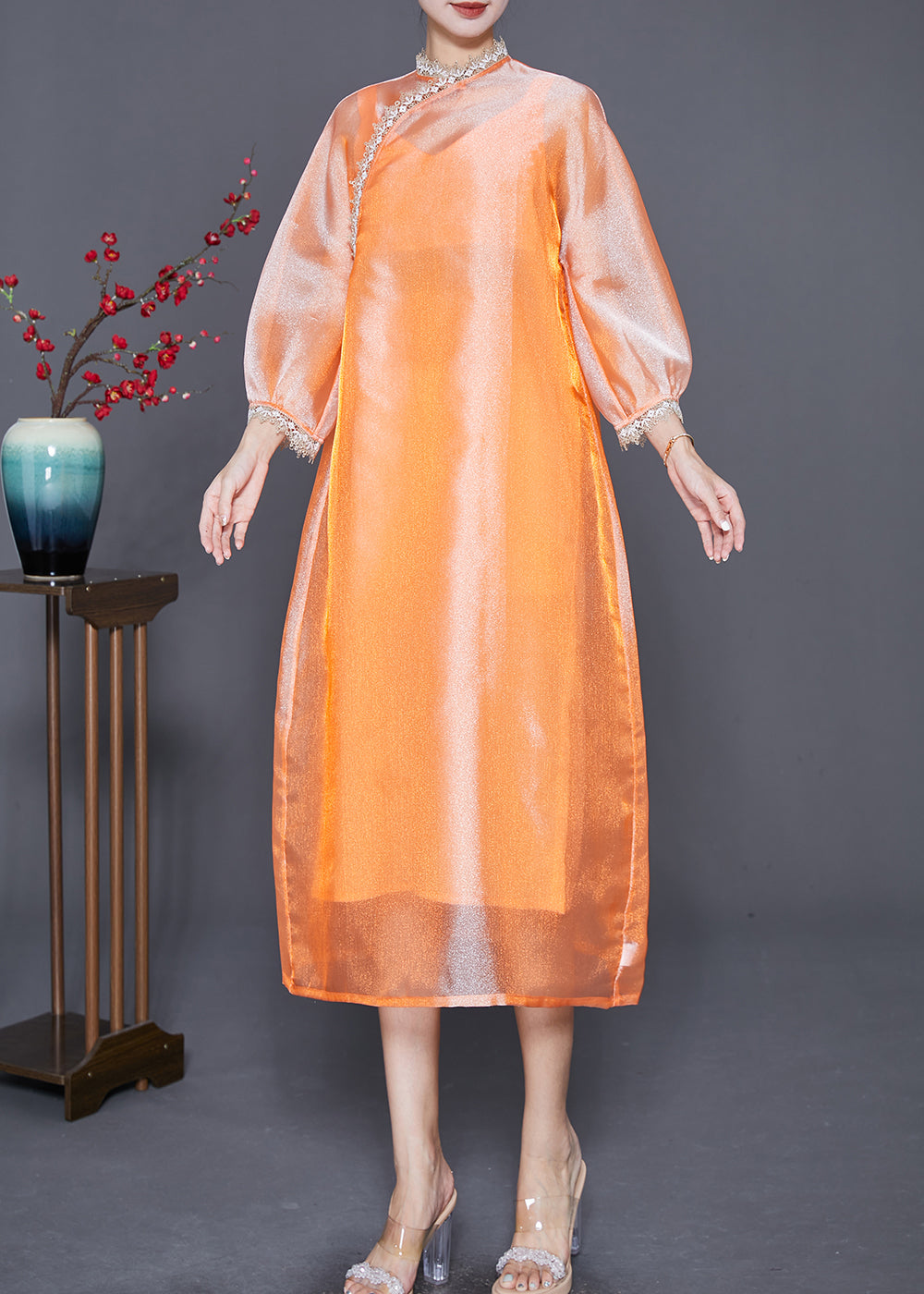 Diy Orange Stand Collar Lace Patchwork Silk Dress Bracelet Sleeve